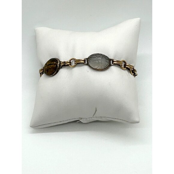 Egyptian Revival 1920s-30s Scarab Bracelet With Carved Natural Stones & Gold-Ton - Picture 4 of 16